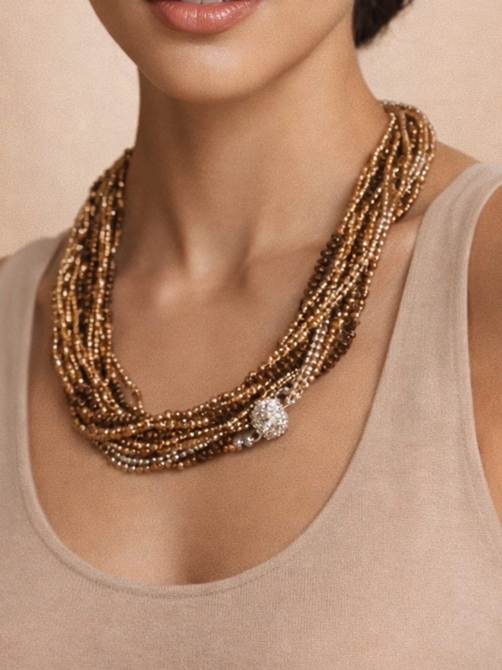 Gold Multistrand Beaded Necklace Statement Layered Luxe Glam